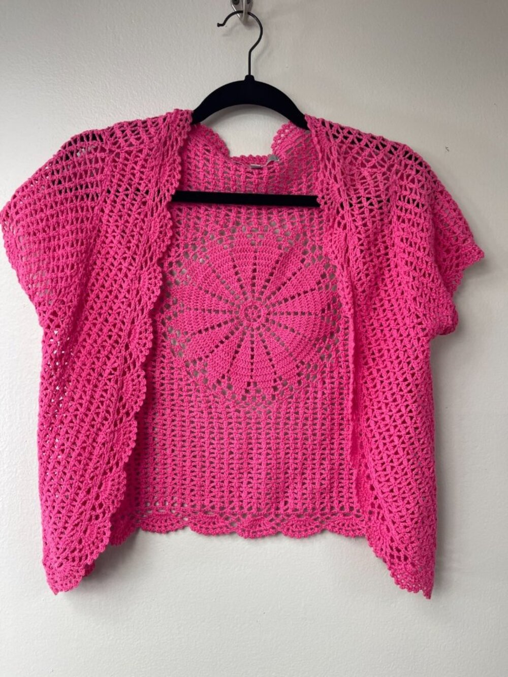 My Collection Pink Crochet Open Front Cardigan Cover Up Size Small Boho